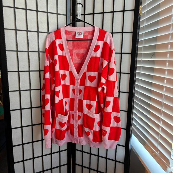 Taby Sweaters - TABY ORIGINAL: Radical Self Love Cardigan - Pink and Red Hearts - XL/1XL
